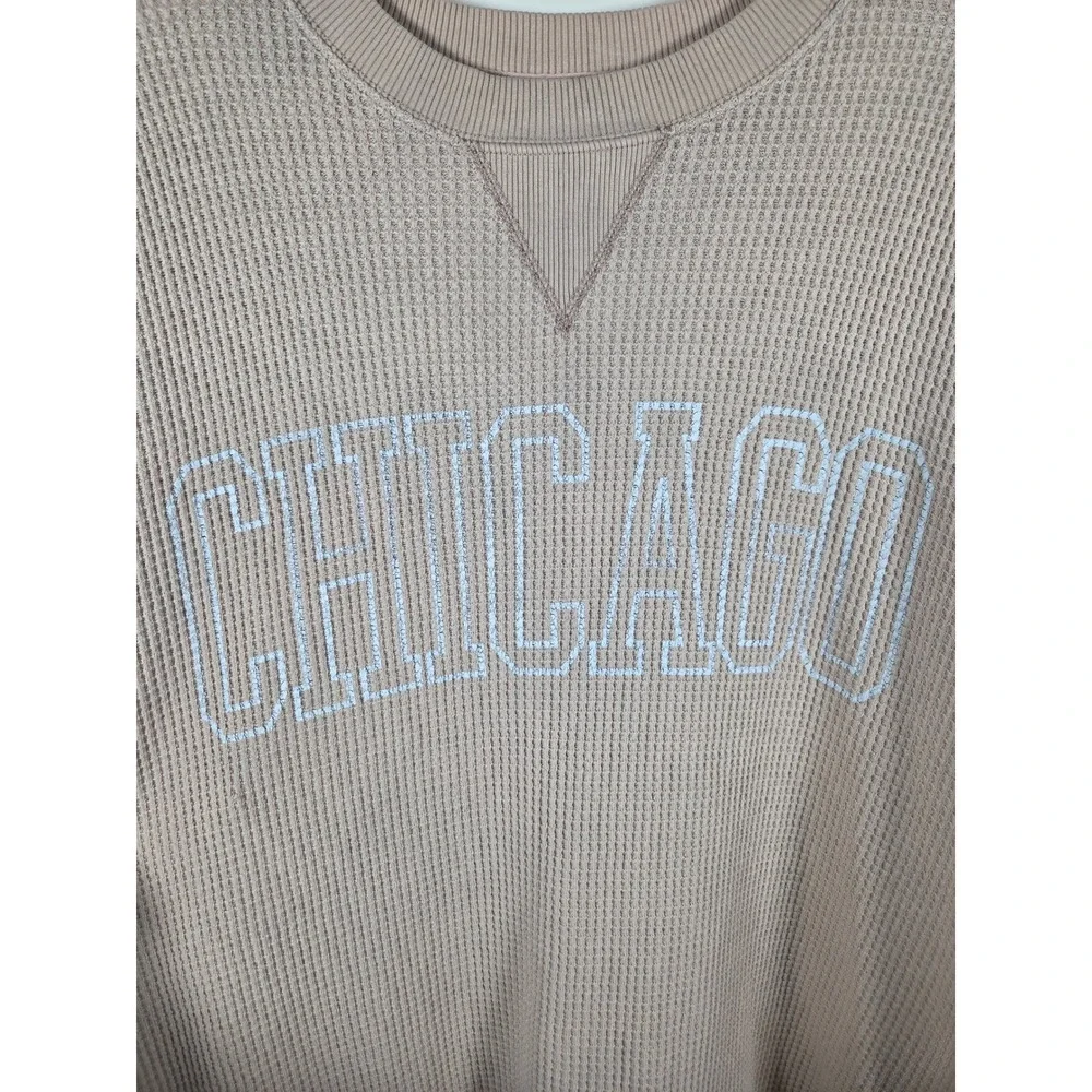 Aerie Chicago Waffle Knit Pullover W XXL Tan Oversized Graphic Cozy Sweatshirt